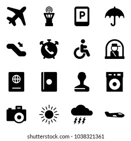 Solid vector icon set - plane vector, airport tower, parking sign, insurance, escalator down, phone alarm, disabled, officer window, passport, stamp, camera, sun, storm, small