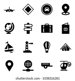 Solid vector icon set - plane vector, main road sign, no car, map pin, globe, signpost, suitcase, passport, sail boat, lighthouse, air balloon, tent, navigation, trailer, helicopter toy