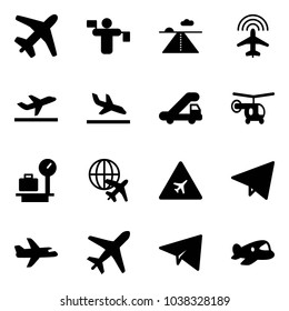 Solid vector icon set - plane vector, traffic controller, runway, radar, departure, arrival, trap truck, helicopter, baggage scales, globe, airport road sign, paper fly, toy