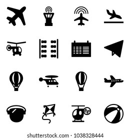 Solid vector icon set - plane vector, airport tower, radar, arrival, helicopter, seats, schedule, paper fly, air balloon, protect glass, kite, toy, beach ball