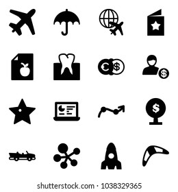 Solid vector icon set - plane vector, insurance, globe, star postcard, diet list, tooth, euro dollar, account, statistics monitor, chart point arrow, money tree, cabrio, molecule, rocket, boomerang