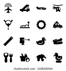 Solid vector icon set - plane radar vector, trap truck, small, helicopter, bladder, growth, sun, car baggage, ruler, laser lever, duck toy, crocodile, shovel fork, bucket, elephant wheel