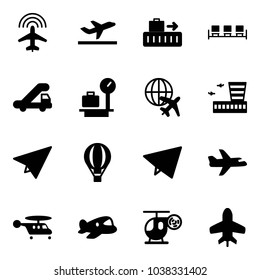 Solid vector icon set - plane radar vector, departure, baggage, waiting area, trap truck, scales, globe, airport building, paper, air balloon, fly, helicopter, toy