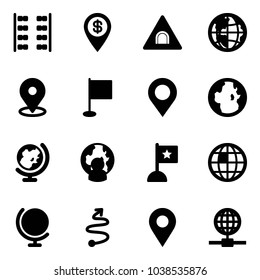 Solid vector icon set - plane seats vector, dollar pin, tunnel road sign, globe, map, flag, man, trip, navigation