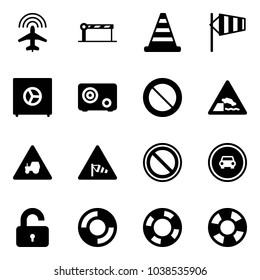 Solid vector icon set - plane radar vector, barrier, road cone, side wind, safe, prohibition sign, embankment, tractor way, no car, unlocked, lifebuoy