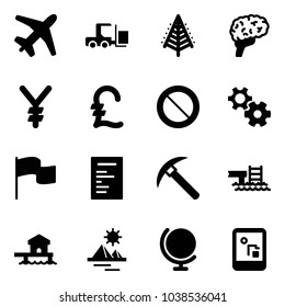 Solid vector icon set - plane vector, fork loader, christmas tree, brain, yen, pound, prohibition road sign, gear, flag, document, rock axe, pool, bungalow, pyramid, globe, game console