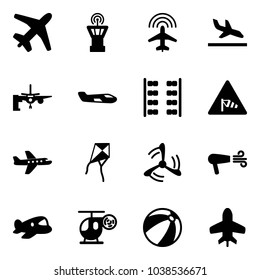 Solid vector icon set - plane vector, airport tower, radar, arrival, boarding passengers, small, seats, side wind road sign, kite, mill, dryer, toy, helicopter, beach ball