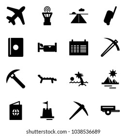 Solid vector icon set - plane vector, airport tower, runway, suitcase, passport, hotel, schedule, job, rock axe, lounger, palm, pyramid, sand castle, trailer