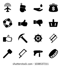 Solid vector icon set - plane radar vector, christmas glove, drop hand, purse, friends, like, dislike, basket, finger up, rock axe, wheel, bucksaw, rubber hammer, metal hacksaw, drill machine