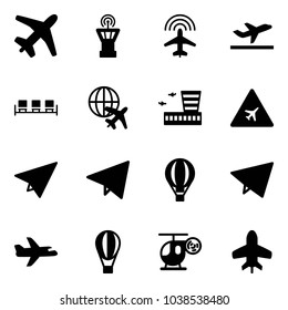 Solid vector icon set - plane vector, airport tower, radar, departure, waiting area, globe, building, road sign, paper, fly, air balloon, helicopter toy