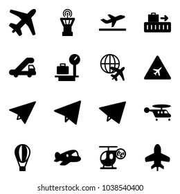 Solid vector icon set - plane vector, airport tower, departure, baggage, trap truck, scales, globe, road sign, paper, fly, helicopter, air balloon, toy
