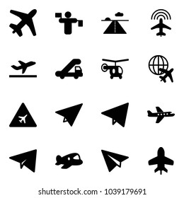 Solid vector icon set - plane vector, traffic controller, runway, radar, departure, trap truck, helicopter, globe, airport road sign, paper, fly, toy