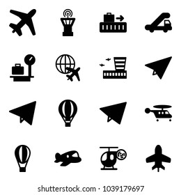 Solid vector icon set - plane vector, airport tower, baggage, trap truck, scales, globe, building, paper, fly, air balloon, helicopter, toy
