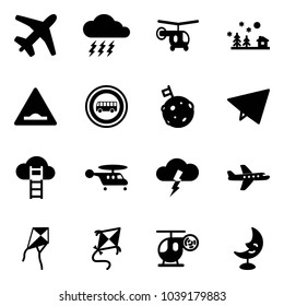 Solid vector icon set - plane vector, storm, helicopter, christmas landscape, artificial unevenness road sign, no bus, moon flag, paper fly, cloud ladder, kite, toy, lamp