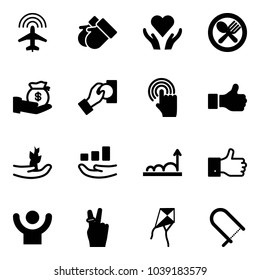 Solid vector icon set - plane radar vector, gloves, heart care, fork spoon plate, investment, cash pay, hand cursor, like, sproute, growth, finger up, success, victory, kite, fretsaw