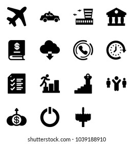 Solid vector icon set - plane vector, safety car, airport building, bank, annual report, download cloud, phone horn, clock around, list, career, success, team leader, dollar growth, standby button