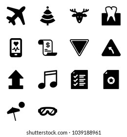 Solid vector icon set - plane vector, christmas tree, deer, tooth, mobile heart monitor, account history, giving way road sign, turn left, uplooad, music, list, certificate, beach