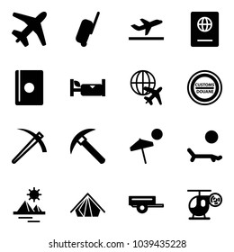 Solid vector icon set - plane vector, suitcase, departure, passport, hotel, globe, customs road sign, job, rock axe, beach, lounger, pyramid, tent, trailer, helicopter toy