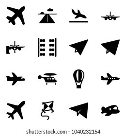 Solid vector icon set - plane vector, runway, arrival, boarding passengers, seats, paper, fly, helicopter, air balloon, kite, toy