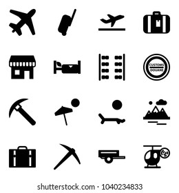 Solid vector icon set - plane vector, suitcase, departure, duty free, hotel, seats, customs road sign, rock axe, beach, lounger, mountains, trailer, helicopter toy