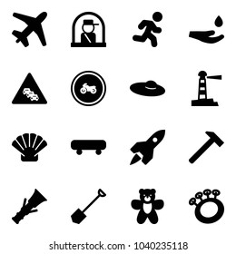 Solid vector icon set - plane vector, officer window, run, drop hand, multi lane traffic road sign, no moto, woman hat, lighthouse, shell, skateboard, rocket, hammer, dowel, shovel, bear toy