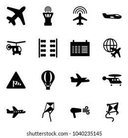 Solid vector icon set - plane vector, airport tower, radar, small, helicopter, seats, schedule, globe, side wind road sign, air balloon, kite, dryer