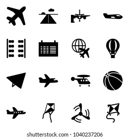 Solid vector icon set - plane vector, runway, boarding passengers, small, seats, schedule, globe, air balloon, paper fly, helicopter, ball, kite, wind mill