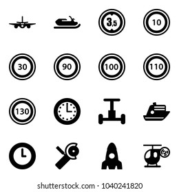 Solid vector icon set - plane vector, snowmobile, limited height road sign, speed limit 10, 30, 90, 100, 110, 130, time, gyroscope, cruiser, clock, Angular grinder, rocket, helicopter toy