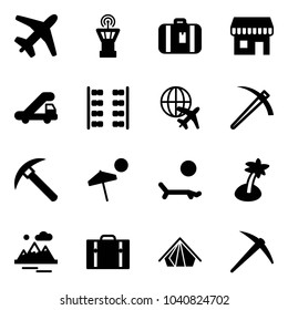 Solid vector icon set - plane vector, airport tower, suitcase, duty free, trap truck, seats, globe, job, rock axe, beach, lounger, palm, mountains, tent