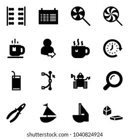 Solid vector icon set - plane seats vector, schedule, lollipop, tea, user login, hot, clock around, drink, bezier, robot, magnifier, pliers, sailboat toy, constructor blocks