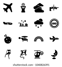 Solid vector icon set - plane vector, airport tower, clouds, boarding passengers, small, christmas landscape, snowfall, no bus road sign, moon flag, helicopter, rainbow, kite, toy, lamp