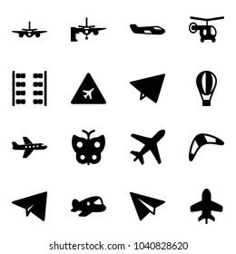 Solid vector icon set - plane vector, boarding passengers, small, helicopter, seats, airport road sign, paper fly, air balloon, butterfly, boomerang, toy