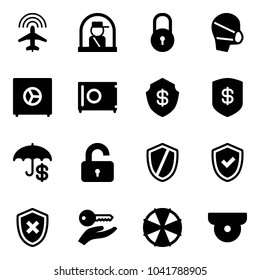 Solid vector icon set - plane radar vector, officer window, lock, medical mask, safe, insurance, unlocked, shield, check, cross, key hand, parasol, surveillance camera