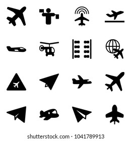 Solid vector icon set - plane vector, traffic controller, radar, departure, small, helicopter, seats, globe, airport road sign, paper, toy