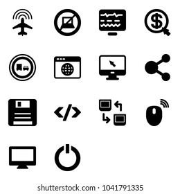 Solid vector icon set - plane radar vector, no computer sign, diagnostic monitor, money click, truck overtake road, browser globe, cursor, share, save, tag code, data exchange, mouse wireless