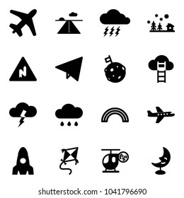 Solid vector icon set - plane vector, runway, storm, christmas landscape, abrupt turn right road sign, paper fly, moon flag, cloud ladder, rain, rainbow, rocket, kite, helicopter toy, lamp