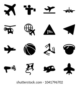 Solid vector icon set - plane vector, traffic controller, departure, helicopter, globe, side wind road sign, paper fly, ball, mill, protect glass, dryer, kite, toy