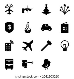 Solid vector icon set - plane radar vector, boarding passengers, christmas tree, firework, safe, round flask, car, passport, remote control, sledgehammer, bulb, tool cabinet, laser lever