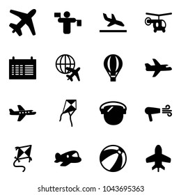 Solid vector icon set - plane vector, traffic controller, arrival, helicopter, schedule, globe, air balloon, kite, protect glass, dryer, toy, beach ball