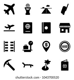 Solid vector icon set - plane vector, airport tower, runway, suitcase, departure, passport, duty free, seats, baggage scales, dollar pin, customs road sign, rock axe, lounger, palm