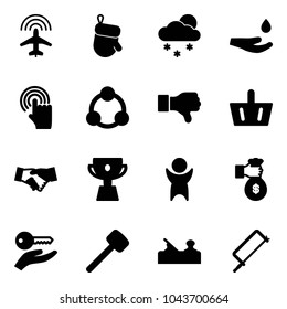 Solid vector icon set - plane radar vector, christmas glove, snowfall, drop hand, cursor, social, dislike, basket, agreement, cup, success, rich, key, rubber hammer, jointer, metal hacksaw