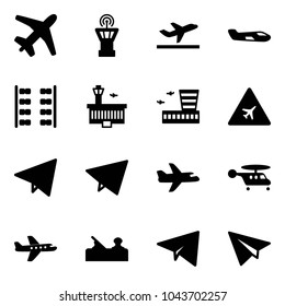Solid vector icon set - plane vector, airport tower, departure, small, seats, building, road sign, paper fly, helicopter, jointer