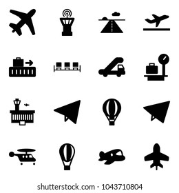 Solid vector icon set - plane vector, airport tower, runway, departure, baggage, waiting area, trap truck, scales, building, paper fly, air balloon, helicopter, toy