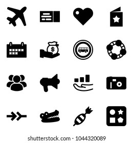 Solid vector icon set - plane vector, ticket, heart, star postcard, schedule, investment, no bus road sign, friends, group, megaphone, growth, photo, connect, crocodile, dart, cube hole toy