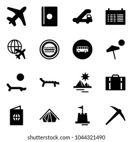 Solid vector icon set - plane vector, passport, trap truck, schedule, globe, customs road sign, bus, beach, lounger, pyramid, suitcase, tent, sand castle, axe