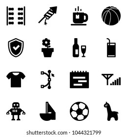 Solid vector icon set - plane seats vector, firework rocket, tea, basketball ball, shield check, flower pot, wine, drink, t shirt, bezier, terms plan, fine signal, robot, sailboat toy, soccer