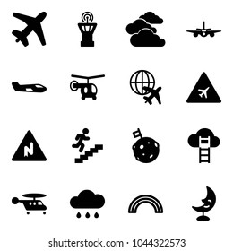 Solid vector icon set - plane vector, airport tower, clouds, small, helicopter, globe, road sign, abrupt turn right, career, moon flag, cloud ladder, rain, rainbow, lamp