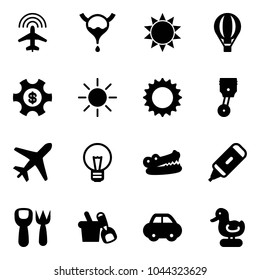 Solid vector icon set - plane radar vector, bladder, sun, air balloon, money managemet, piston, bulb, crocodile, marker, shovel fork toy, bucket, car, duck