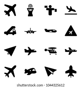 Solid vector icon set - plane vector, airport tower, traffic controller, arrival, trap truck, small, road sign, paper, helicopter, toy
