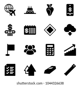 Solid vector icon set - plane globe vector, cake, heart, mobile payment, bank, finance calendar, main road sign, download cloud, flag, group, calculator, growth, list, arrow up, gold, ruler